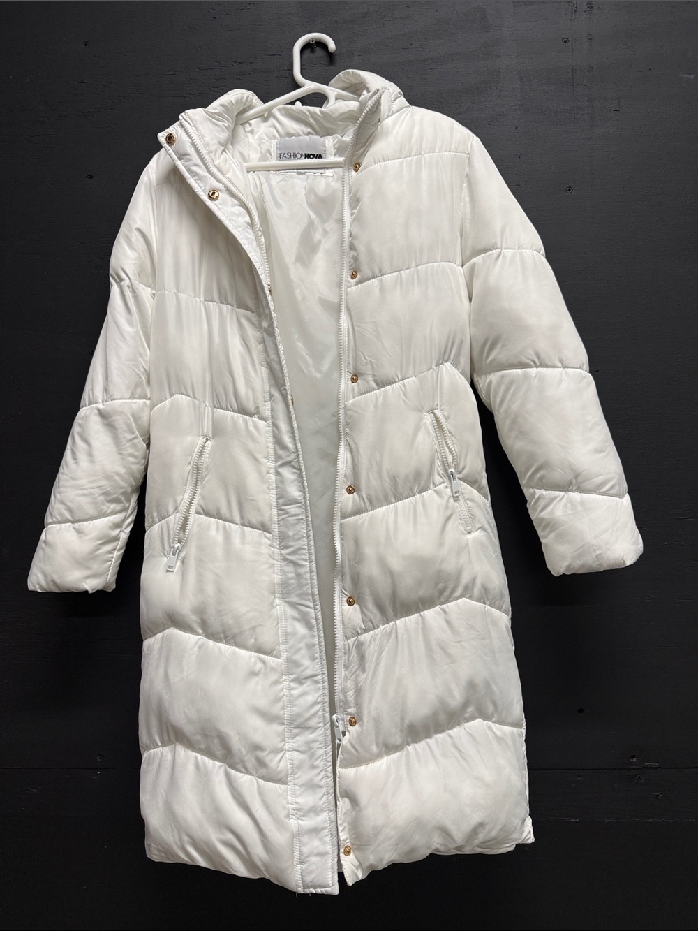 Fashion Nova Off-White Long Hooded Puffer Coat
